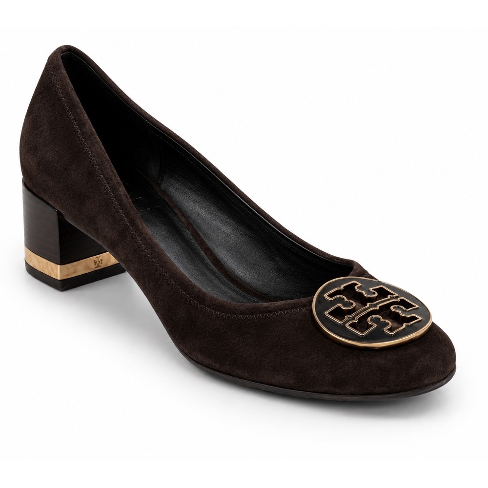 Tory Burch Chelsea Pump Women 6.5M Brown Excellent Suede Gold Logo Block Heel